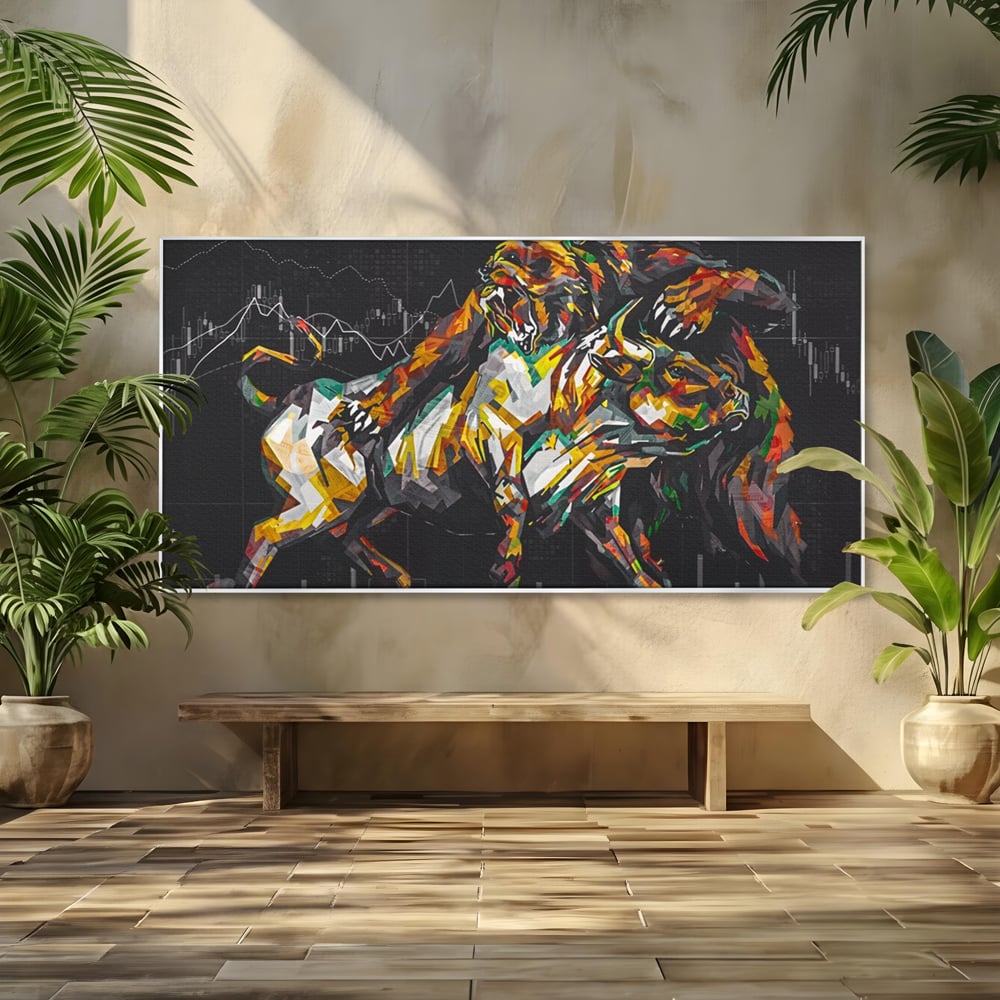 Tablou canvas cu tablou canvas cu taur si urs, in rama de aluminiu argintiu
